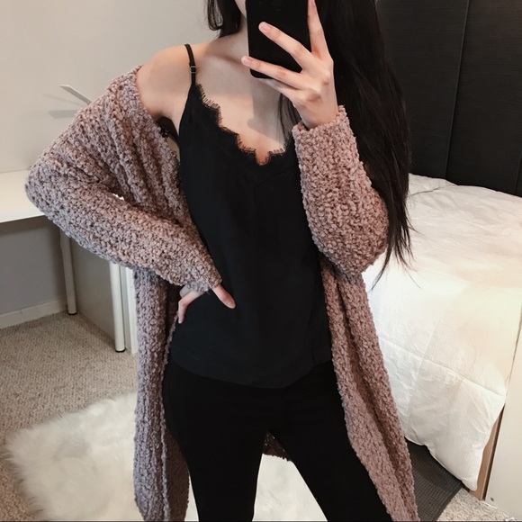 Sweaters - Mauve Fuzzy Cotton Draped Cardigan